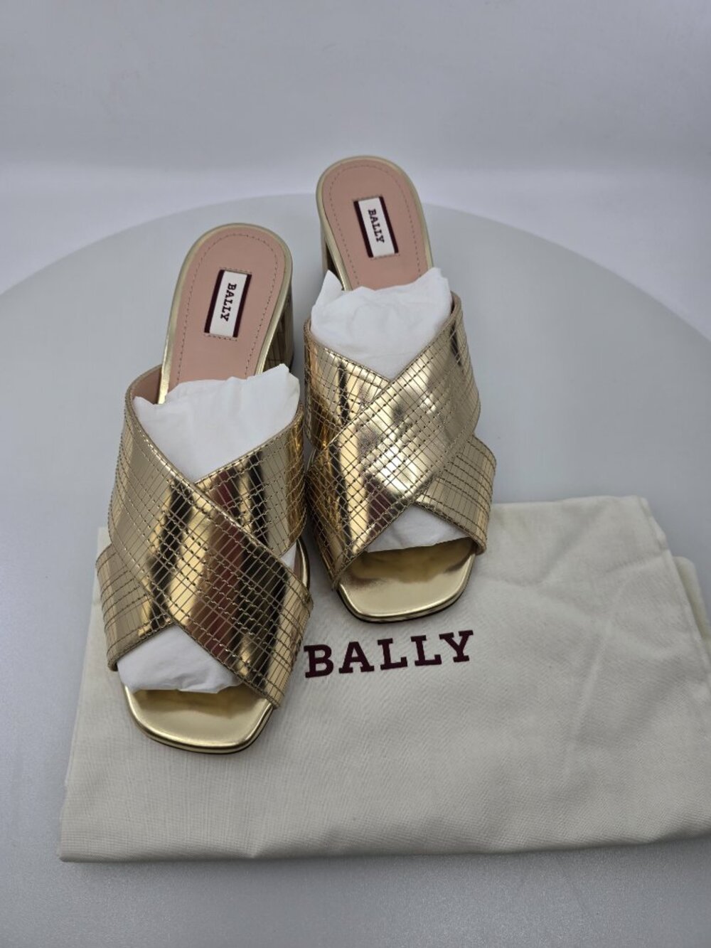 Bally | Evoria Crisscross Block-Heel Sandals | MSRP $630 | GOLD | US5.5